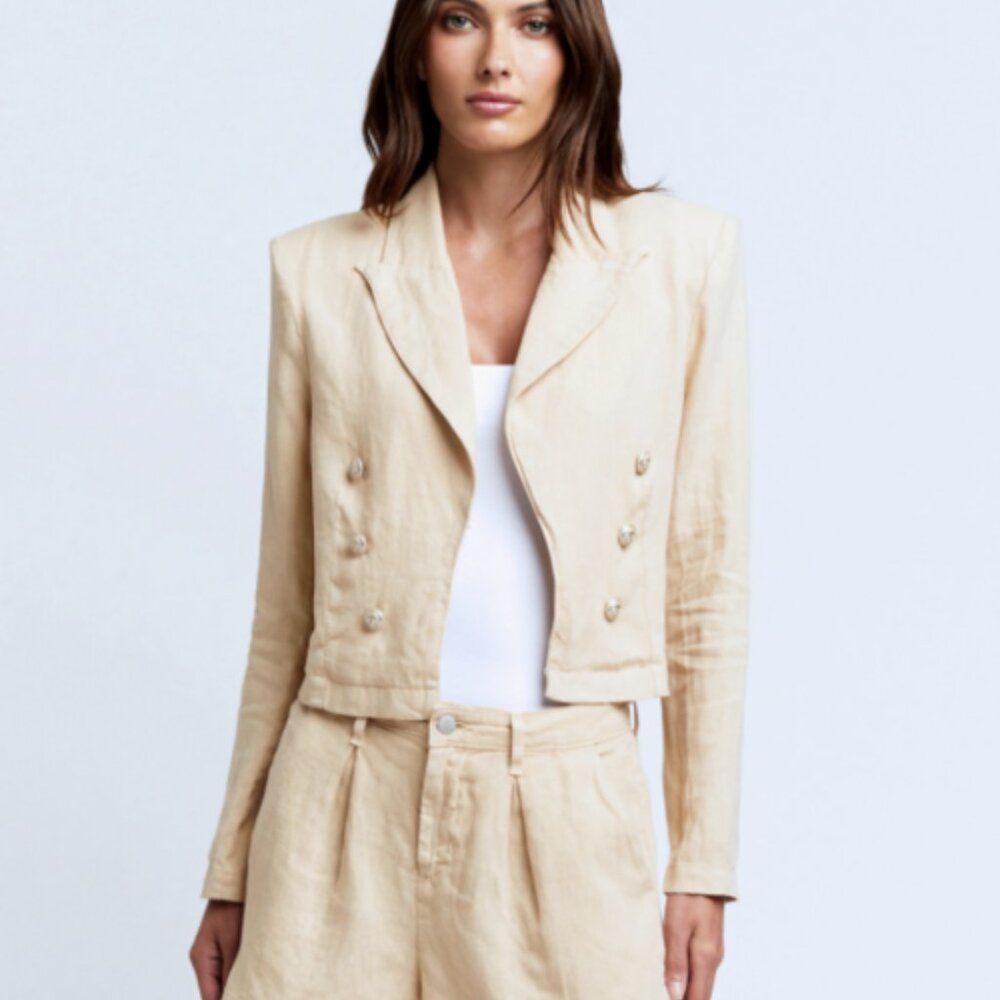 L' Agence Dolly Cropped Blazer Jacket Size M in Sand Beige 100% Linen